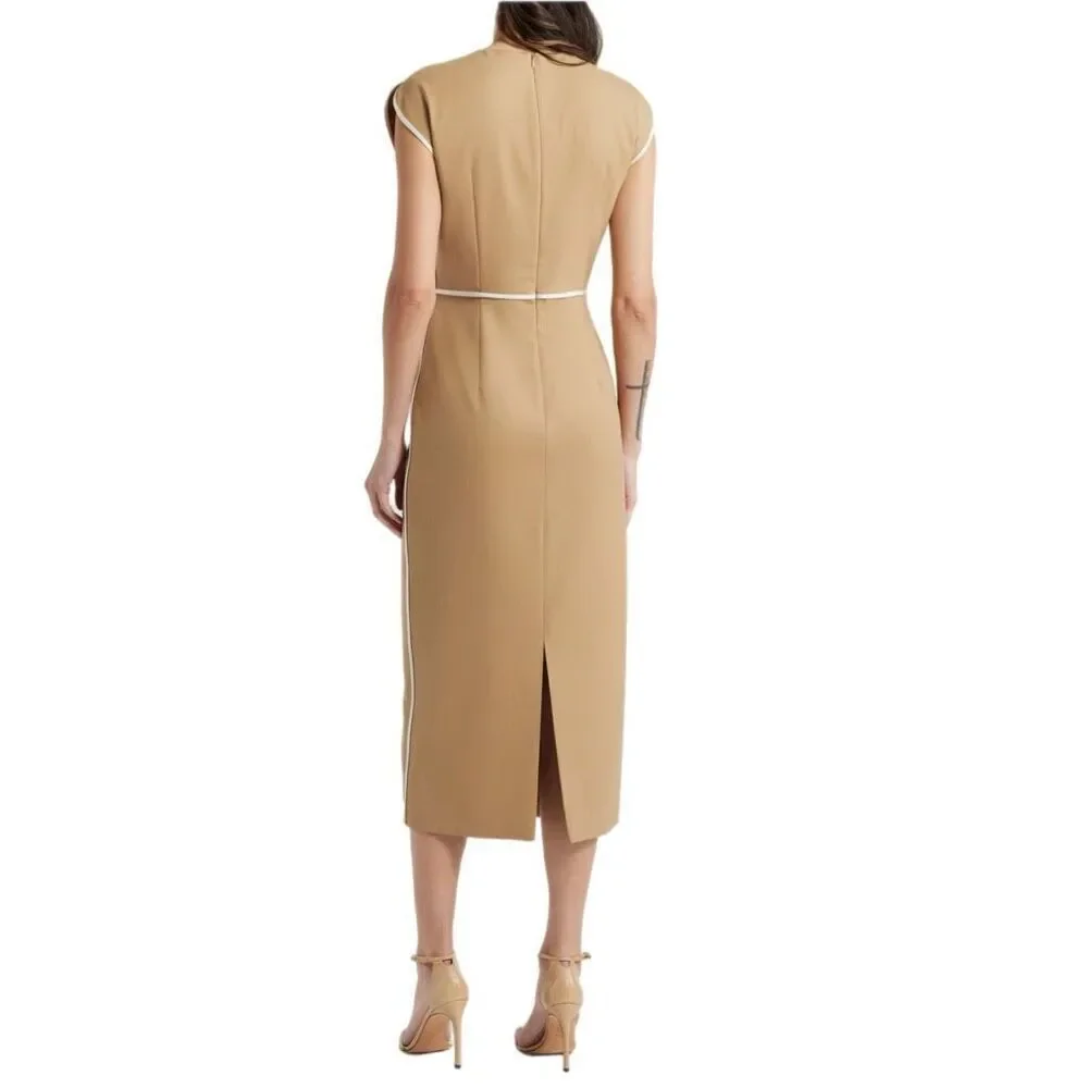 NWT BOSS “Détira” wool blend midi sheath dress in beige and cream Size 10